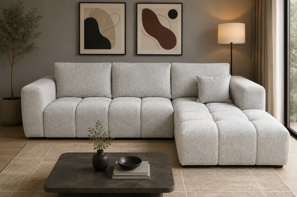 Modern L-Shaped Living Room Sofa Set – Bouclé Fabric