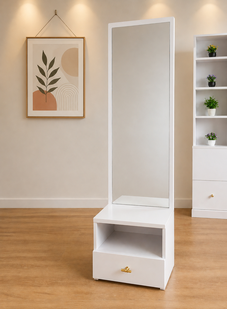 LuxeView White Dressing Mirror with Storage Drawer & Shelf