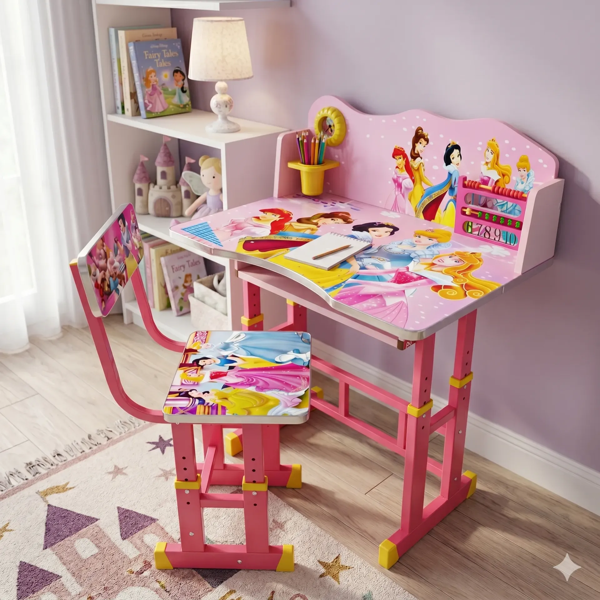 Adjustable Height Kids Study Desk and Chair Set - Pink Princess Theme