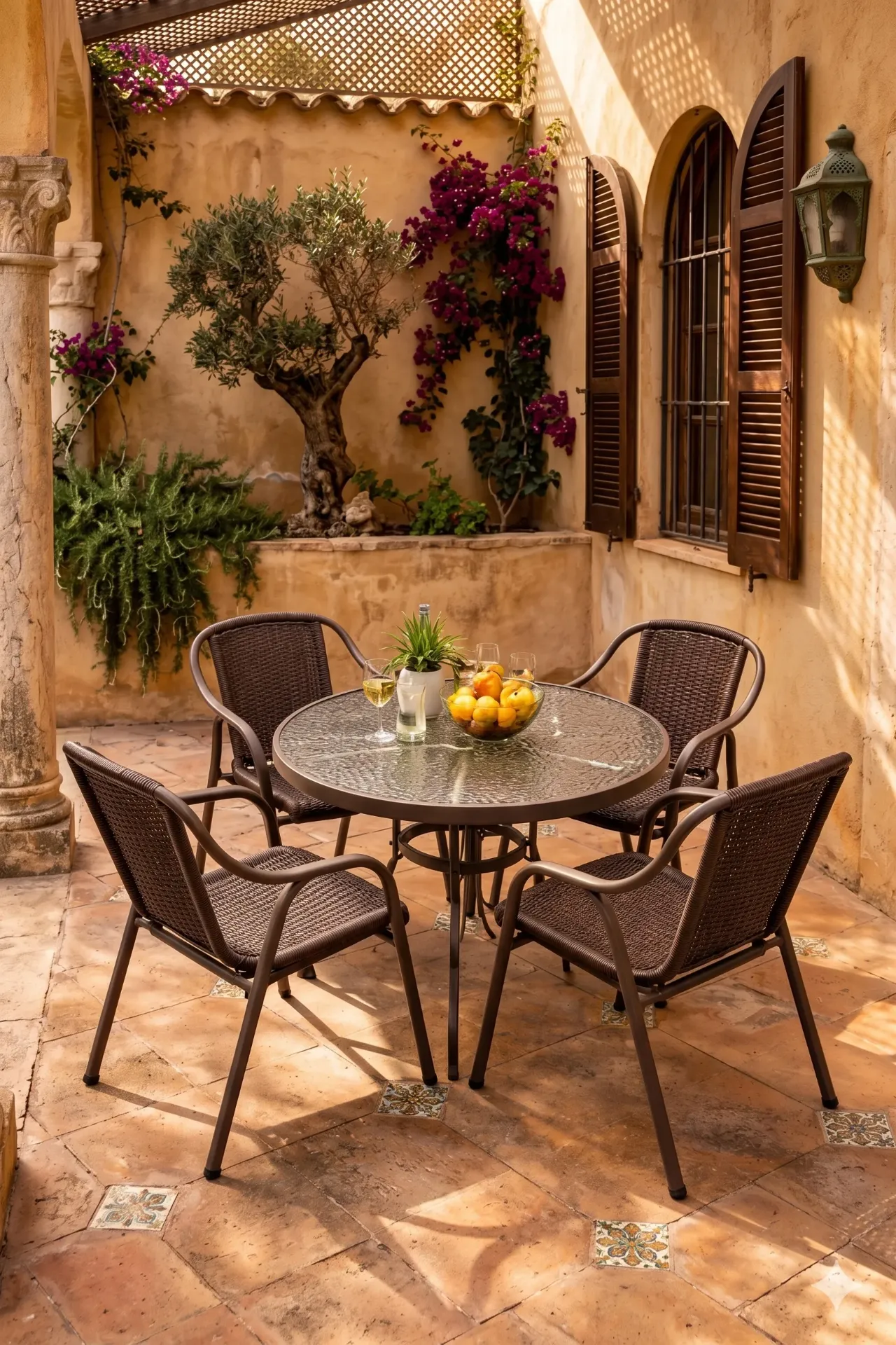 5-Piece Outdoor Patio Dining Set - Round Tempered Glass Table with 4 Weather-Resistant Woven Wicker Armchairs