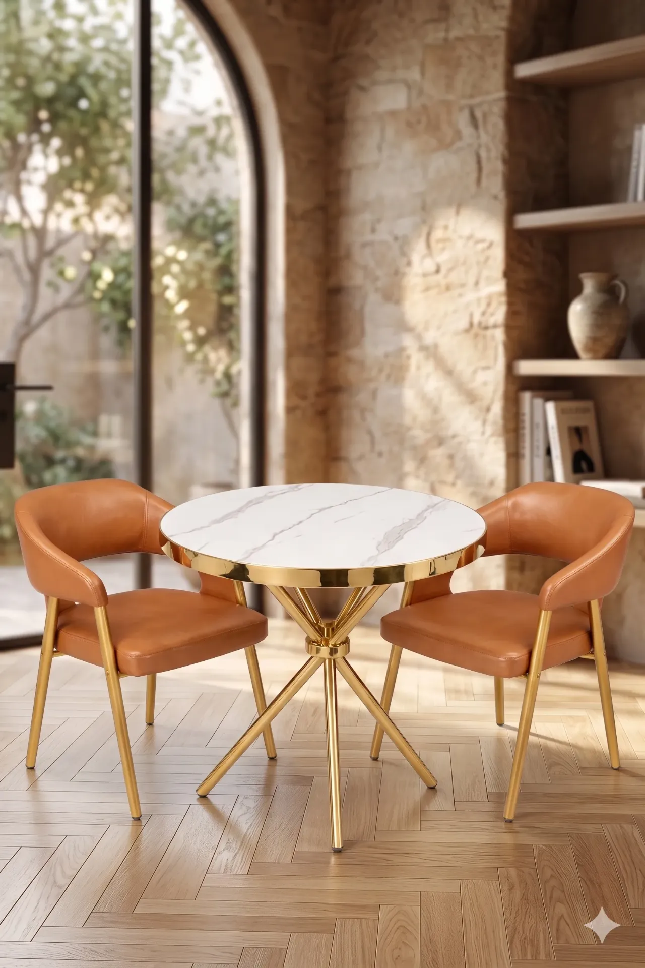 Marble Bistro Table and Tan Leather Chairs