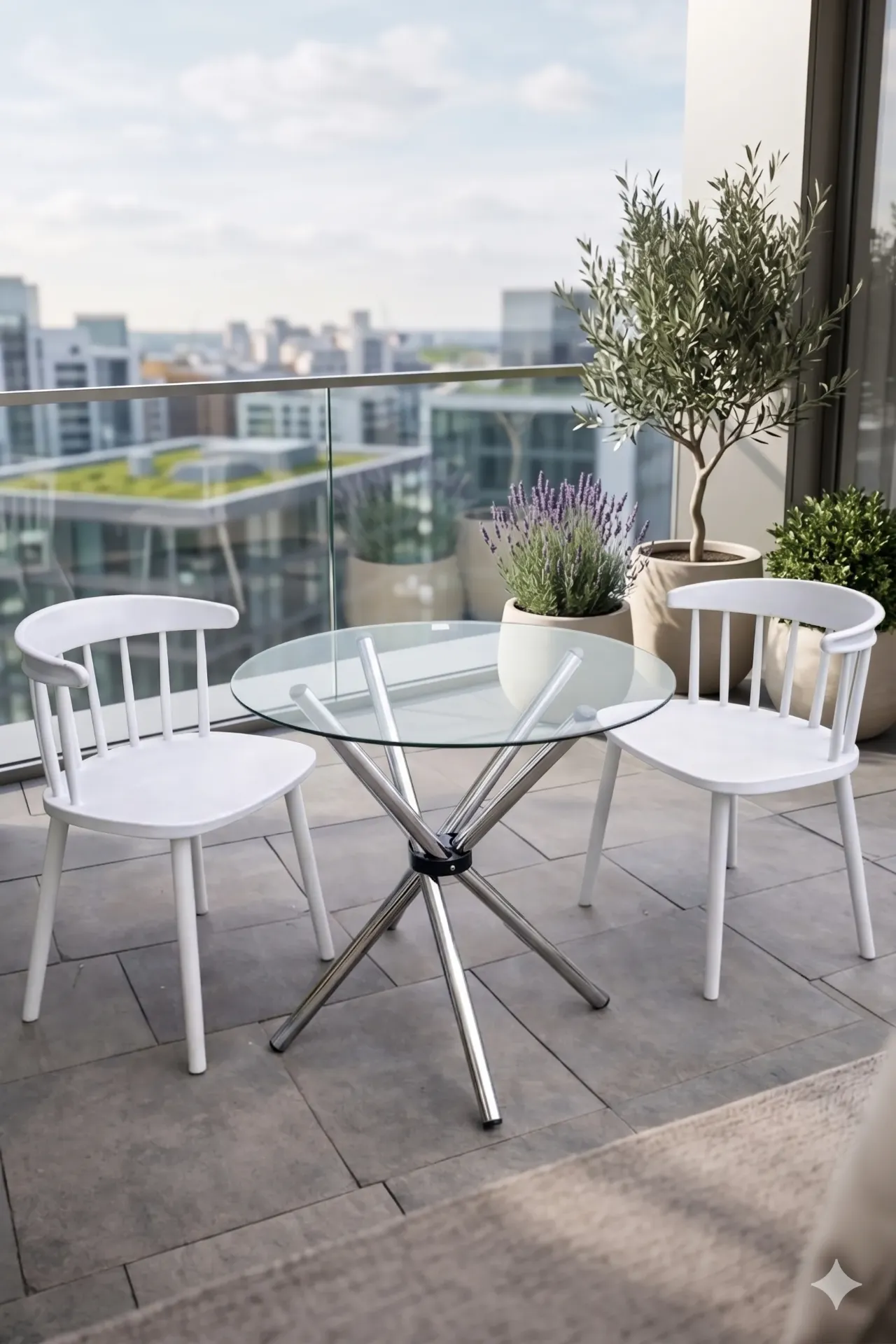 Nordic Round Glass Bistro Table and White Wooden Chairs