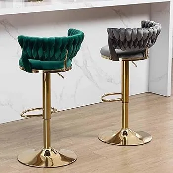Luxury Woven Velvet Swivel Bar Stools with Adjustable Gold Base