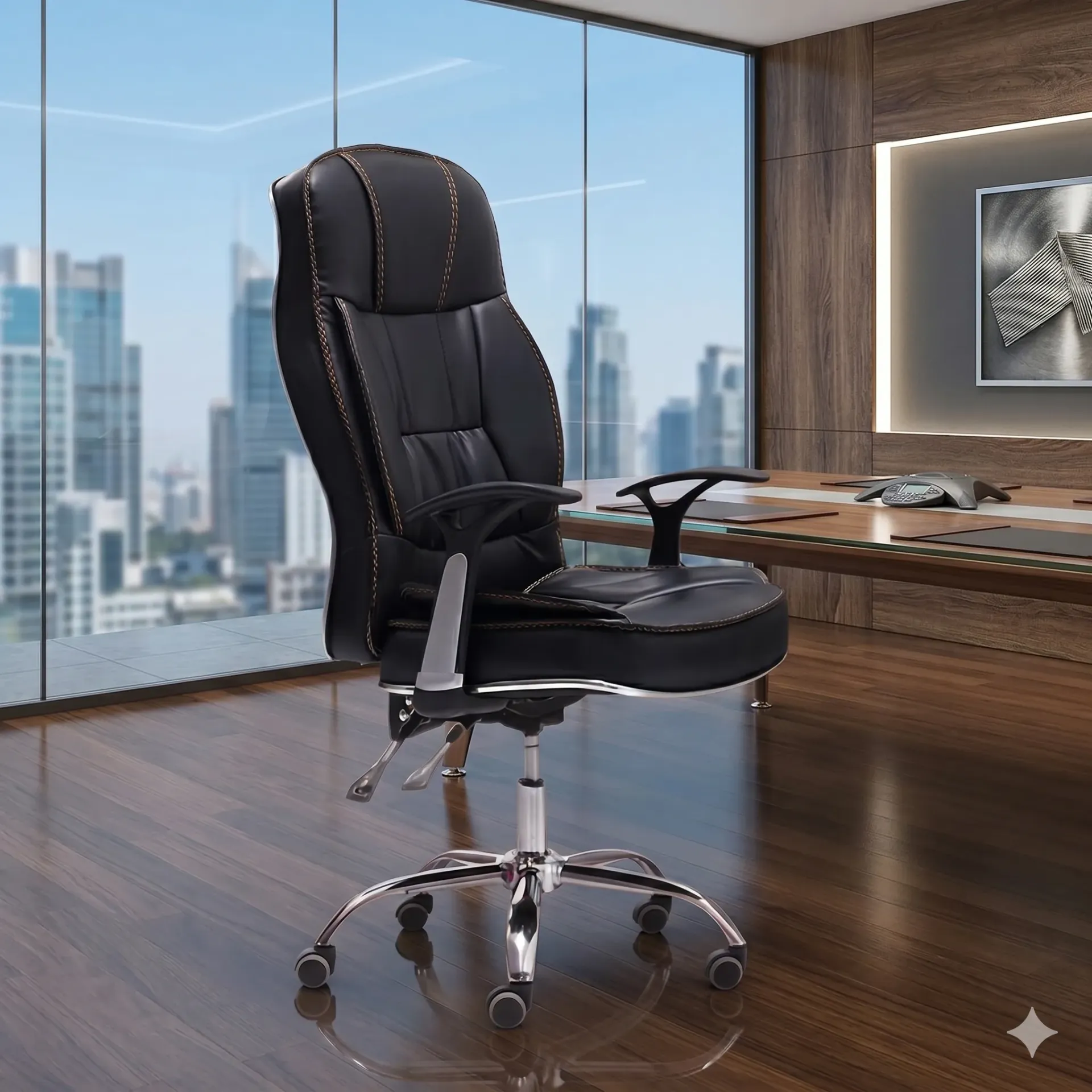 High-Back Ergonomic Black Leather Office Chair