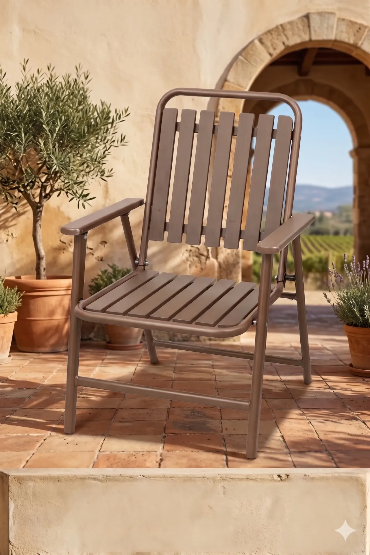 Weather-Resistant Mediterranean Bronze Metal & Faux Wood Slat Patio Armchair