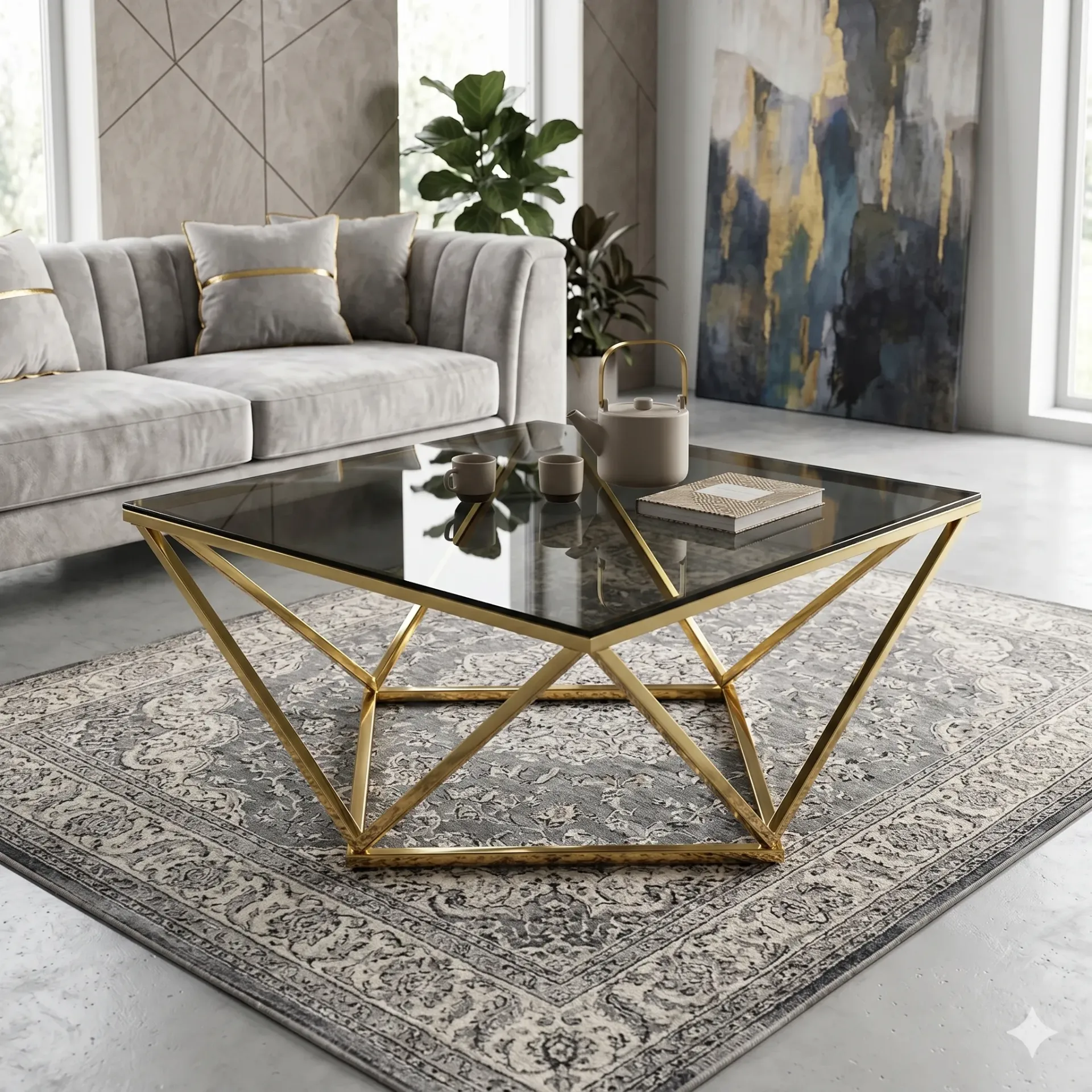 Aurelia Square Glass Coffee Table – Black Tempered Glass Top with Geometric Gold Metal Base