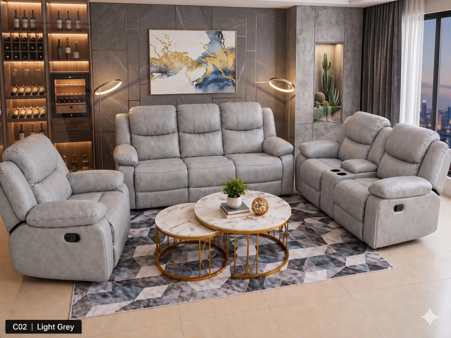 Aurora Light Grey 3-Piece Reclining Motion Sofa Set